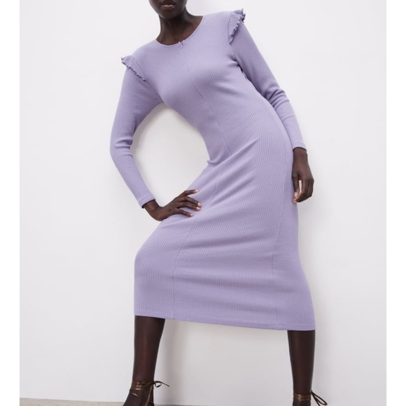 Zara Dresses & Skirts - Zara Ribbed knit ruffle long sleeve sweater dress